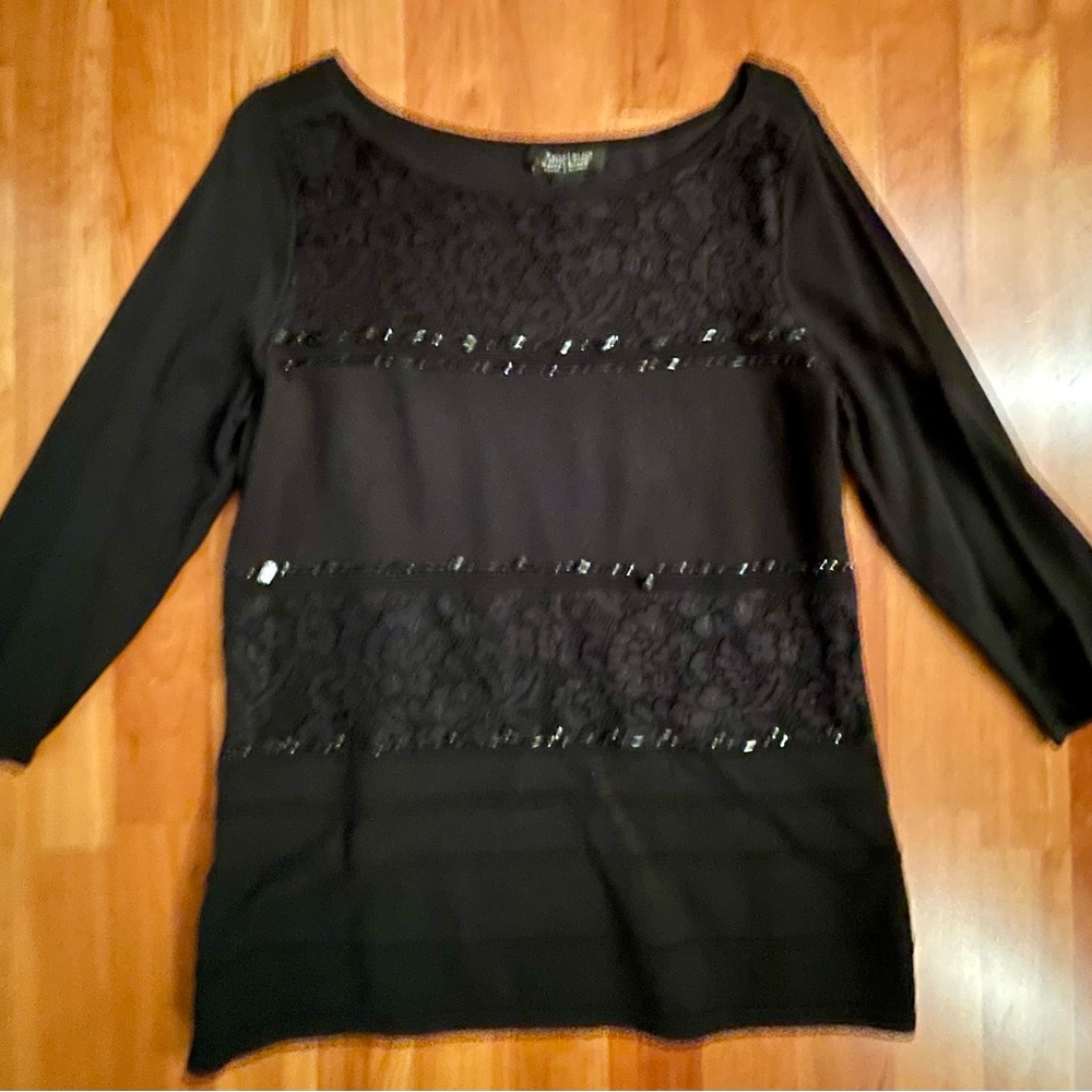 White House Black Market Black Lace, Bead & Sequin Detail Scoop-Neck Tunic